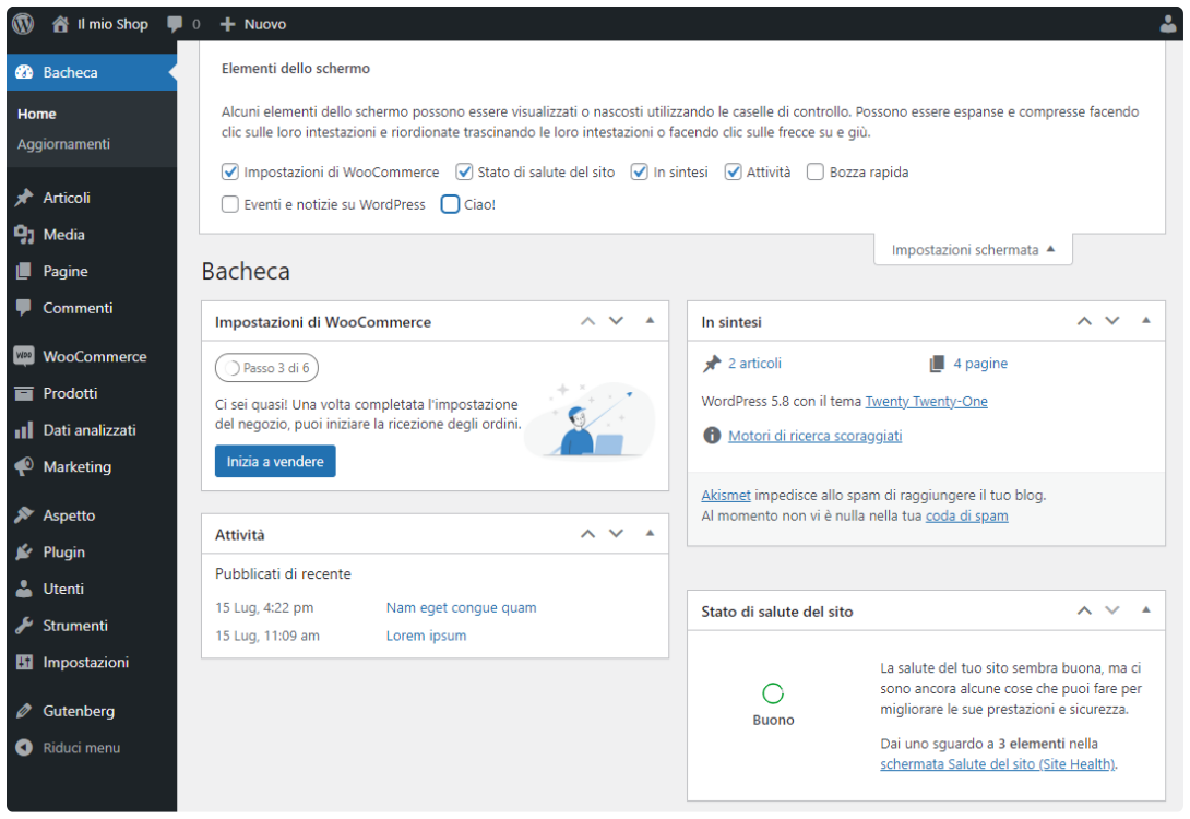WordPress dashboard